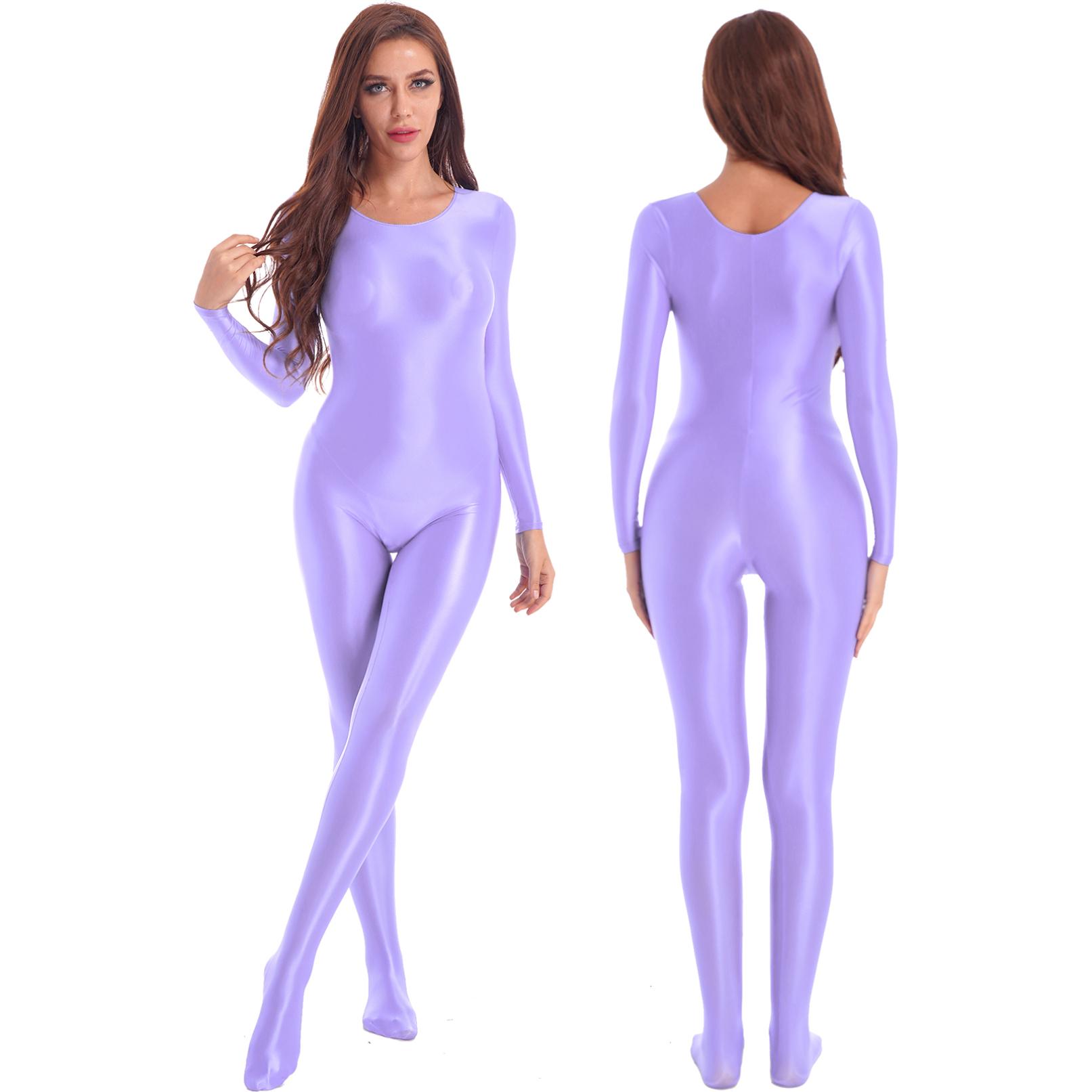 Glänzender holografischer Langarm-Body für Damen, sexy, dünn, Rundhalsausschnitt, glatt, glänzend, Yoga-Body XL licht lila