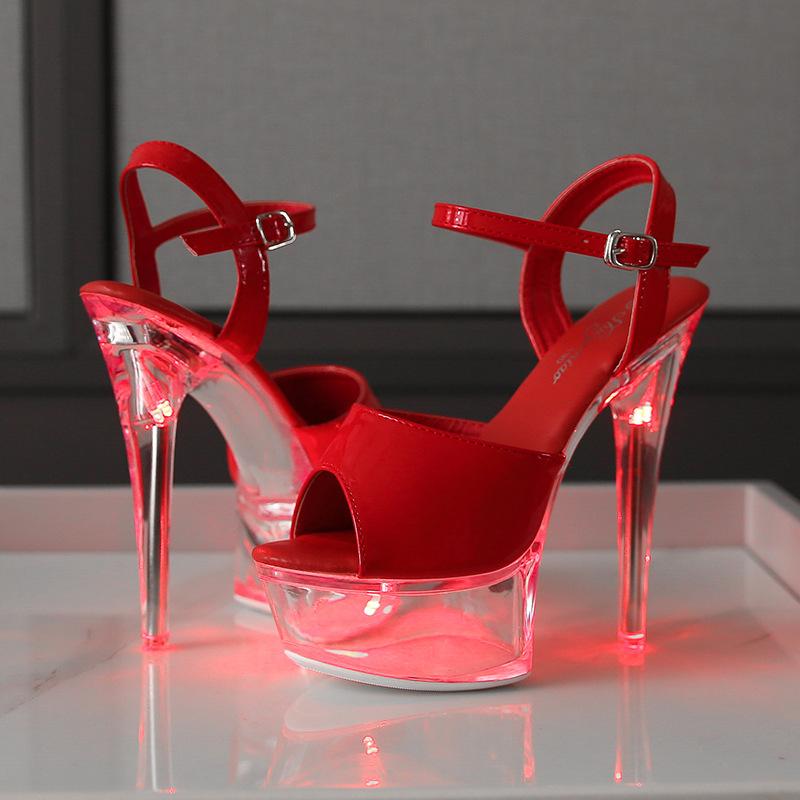 High Heel 15CM Nachtclub High Heels Sandalen Damenschuhe Leuchtende Laufsteg Pole Dance Schuhe Wasser LFD-190-A53 36 rot