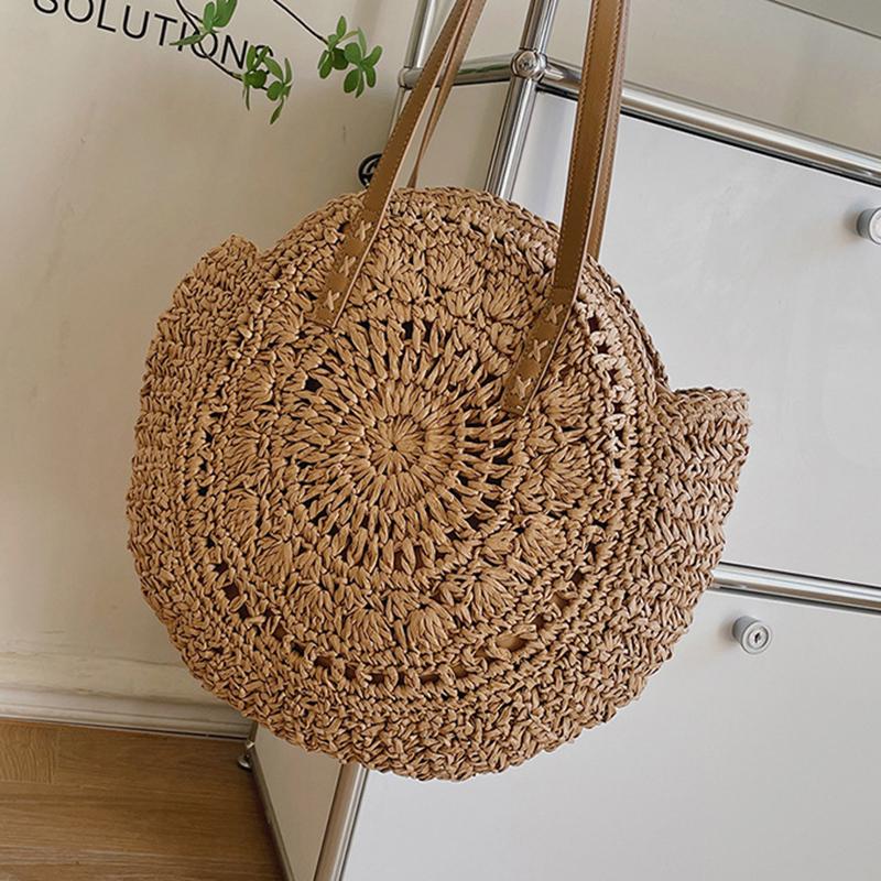 Yogodlns Sommer Runde Stroh Tasche Für Frauen Urlaub Gewebte Strand Tasche Große Kapazität Schulter Tasche Einfache Shopping Handtasche Tote sac 40*42cm