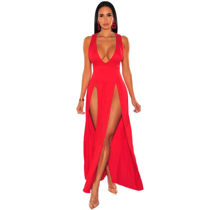 Neuheiten Damen Sexy High Split Kleider Ärmellos Tiefem V-Ausschnitt Hoher Schlitz Lange Party Bodycon Rote Sommerkleider M rot