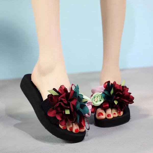 Rutschfeste Damen-Hausschuhe, Resort-Strand-Hausschuhe, große Größe, All-Match, dicker Absatz, weicher Boden, Blumen, lässige Hausschuhe 35 rot