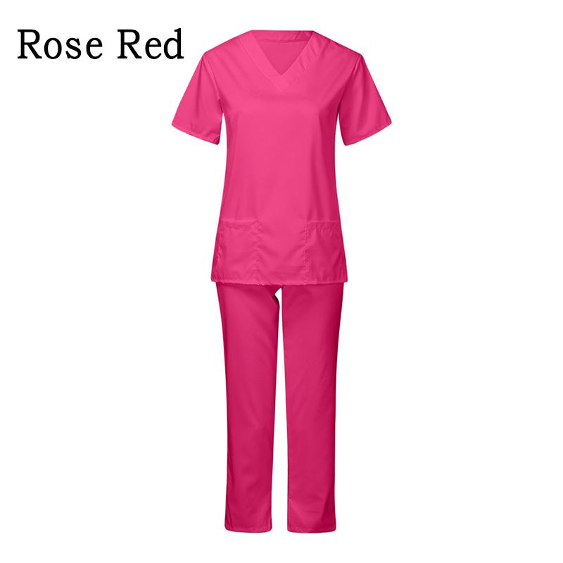 Zweiteiliges Set, Scrub-Anzug, Pflegeuniform-Set, Oberteile + Hosen, V-Ausschnitt, kurzärmelige, schnell trocknende Anzüge 2XL rose rot