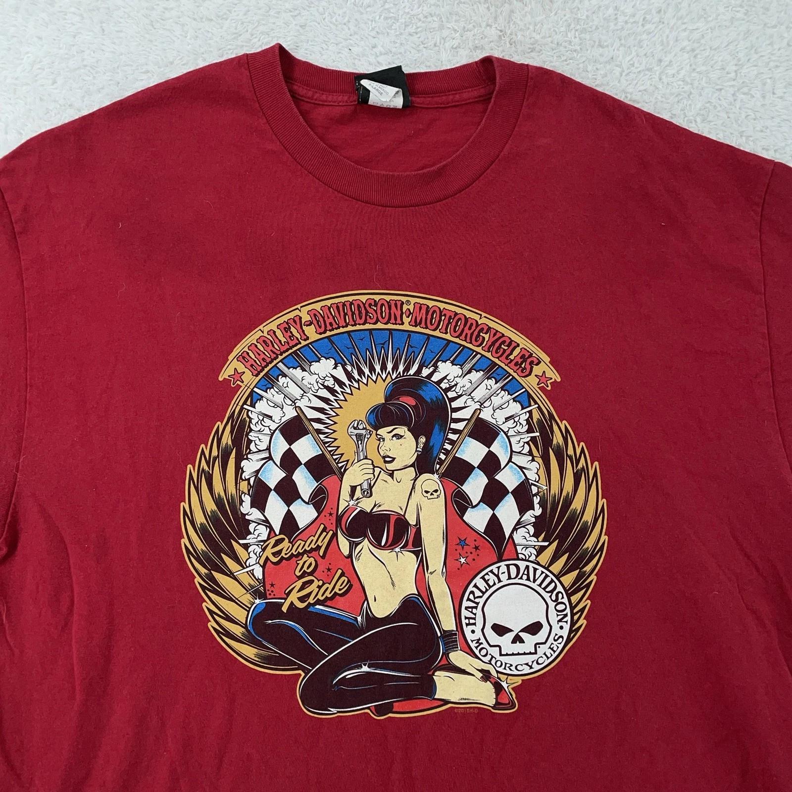 Harley-Davidson Shirt L/XL Rotes Pinup Girl Ready To Ride T-Shirt Biker Langhorne PA L