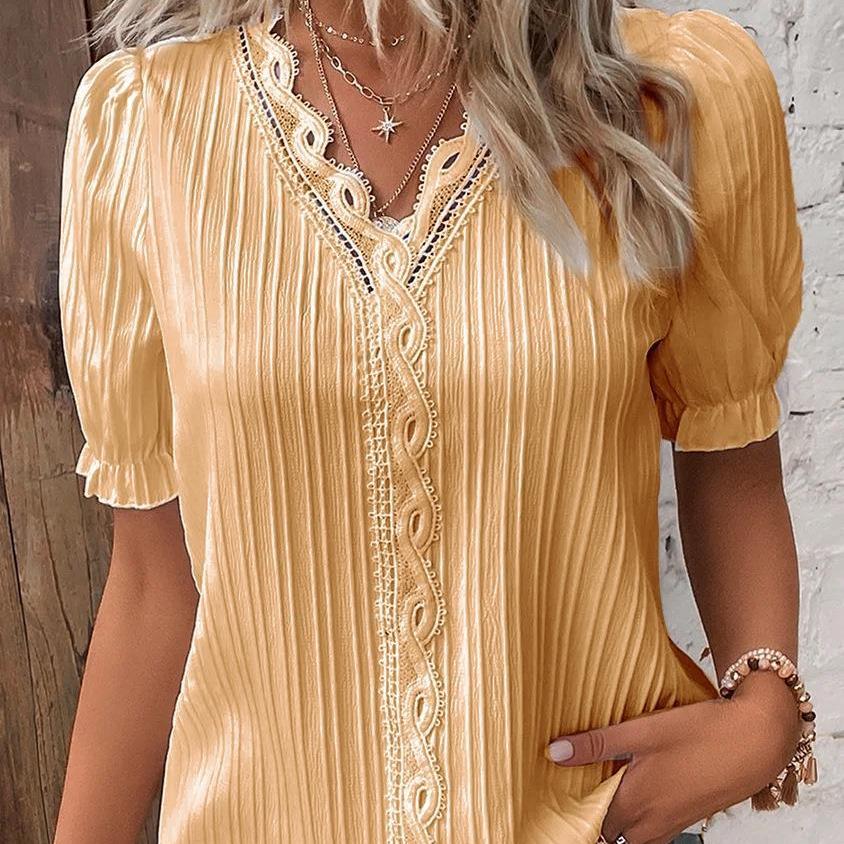 YYFS Damenmode, lässig, Sommer, Frühling, einfarbig, bedruckt, kurzärmelig, V-Ausschnitt, Blusen und Hemden XXXXL gold