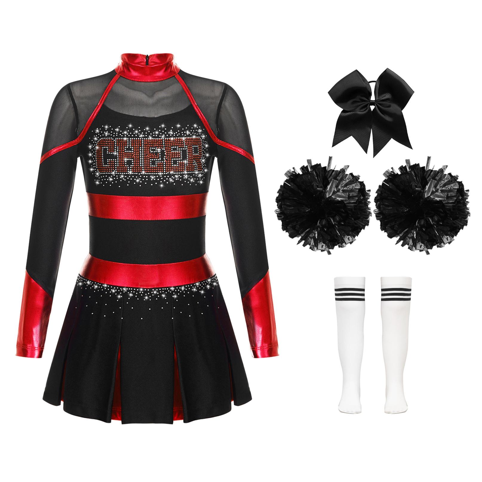 Cheerleader-Kostüm für Kinder, Halloween-Cheerleading-Uniform, Kleid mit Pompons und Socken, Karneval, Party, Kostüm-Outfit 15-16 Years rot/weiß