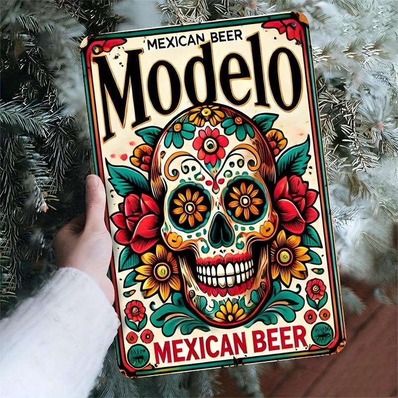 Vintage Retro Modelo Mexikanisches Bier mit buntem Zuckerschädel, floralem Design, Rosen, Sonnenblumen, grünen Blättern und kompliziertem Tag der t 20x30cm（7.8x11.8inch） white