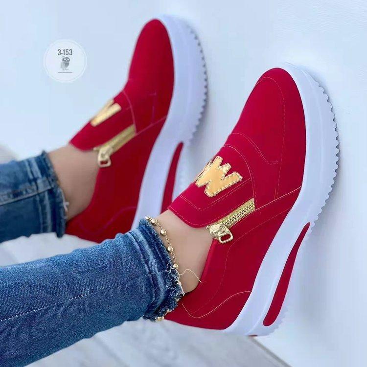 Frauen Wohnungen Plattform Schuhe Frauen Elegante Schuhe Frau Herbst Casual Zipper Sneakers Schuhe Frauen Leichte Schuhe 42 rot