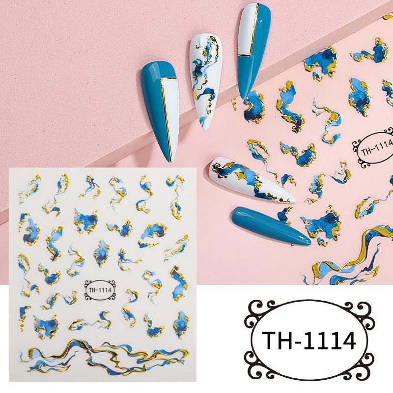 Lila Marmor Blühende Nagel Aufkleber Rauch Design Nagel Abziehbilder 3D Goldene Welle Linien Geometrische Nagel Slider Maniküre Dekoration TH-1114