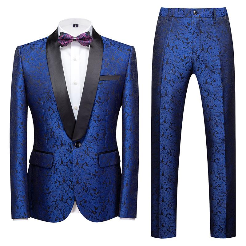 Herrenbekleidung Stilvoller formeller Anzug 2-teiliges Set Herrenanzug Blumenmusterdruck Geschäftsbüro Hochzeitsanzug Jacke + Hose Anzüge und Blazer 4XL blau