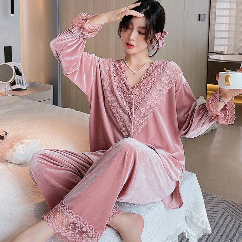 Goldener Samt-Pyjama für Damen, dünner, langärmeliger Pyjama mit Spitzenbedruckung für Damen, Frühling und Herbst, süßer Homewear-Pyjama 2XL rosa