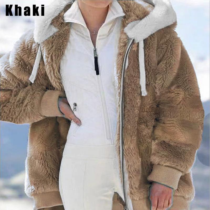 Neu Winter Damen Jacke Mit Kapuze Warme Plüsch Lose Mantel Damen Winter Jacke Faux Pelz Zipper Damen M khaki