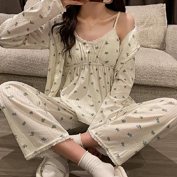 Pyjama-Sets für Damen, süße Nachtwäsche für Mädchen, V-Ausschnitt, Blumendruck, dreiteiliges Pyjama-Set, süß, adrett, lässig, sanfte Schleife XL blau