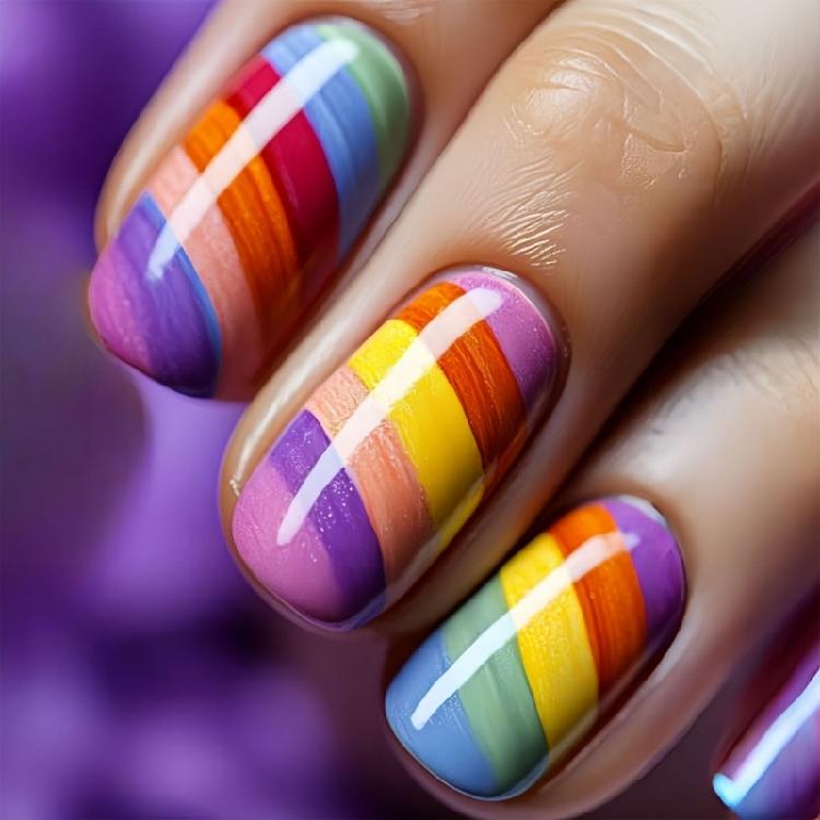 24 Stück Streifen Aufkleber auf Nagel Regenbogen Künstlicher Nagel Mittel Quadratisch Falscher Nagel Glänzend Press On Nagel für Frau Mädchen 1 purple