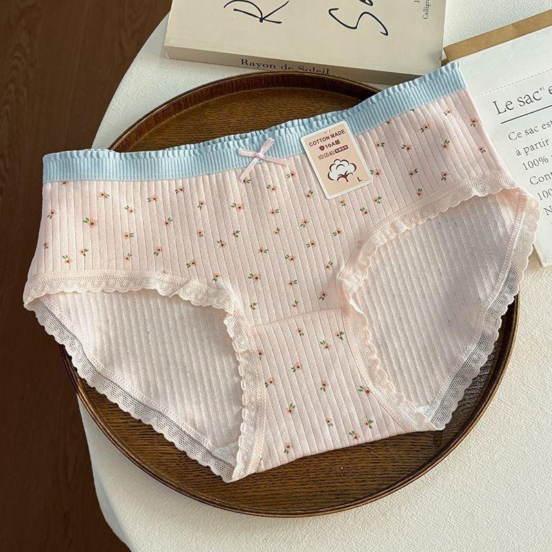 Bedruckte Damenunterwäsche aus Baumwolle, atmungsaktiv und niedlich, mittlere Taille, Spitze, kantenloser Slip M rosa