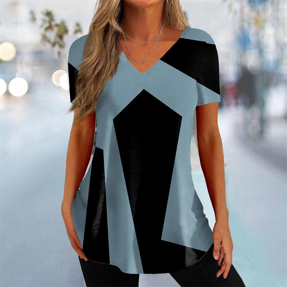 Neues Damen-T-Shirt mit geschwungenem Aufdruck und V-Ausschnitt, modische Streetwear, Damenkleidung, lässig, Sommer, kurzärmelig, Pullover, T-Shirt für Damen XL