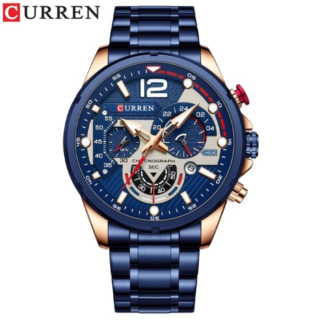 CURREN Luxus Marke Sport Armbanduhren für Mann Leuchtende Quarzuhren Casual Chronograph Edelstahl Männliche Uhr blau