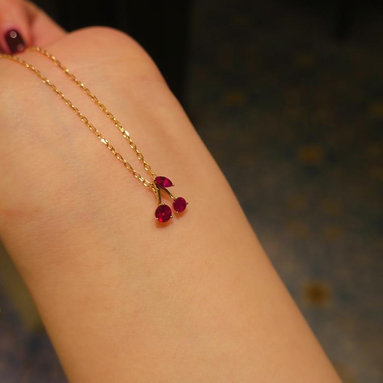 S925 Silber Überzogene 14k Gold Halskette Kirsche Anhänger Schlüsselbein Kette Rot Korund Gold Schmuck beige