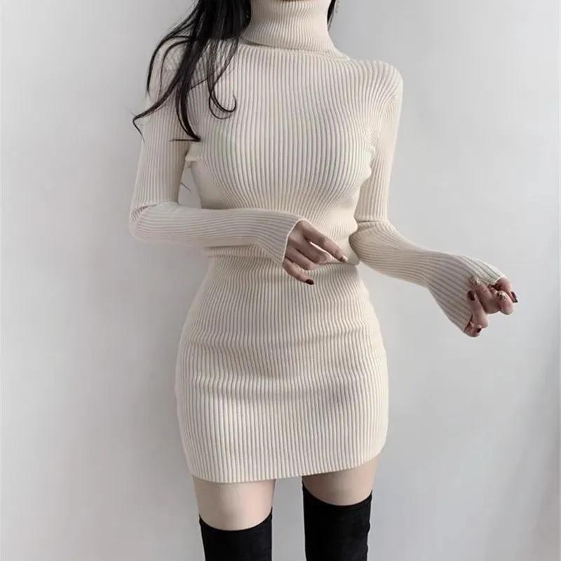 Frühling und Herbst Damen Kleid Plissee Sexy High Neck Kleid Langarm Taille Wrap Hüfte Kurzes Kleid XL weiß