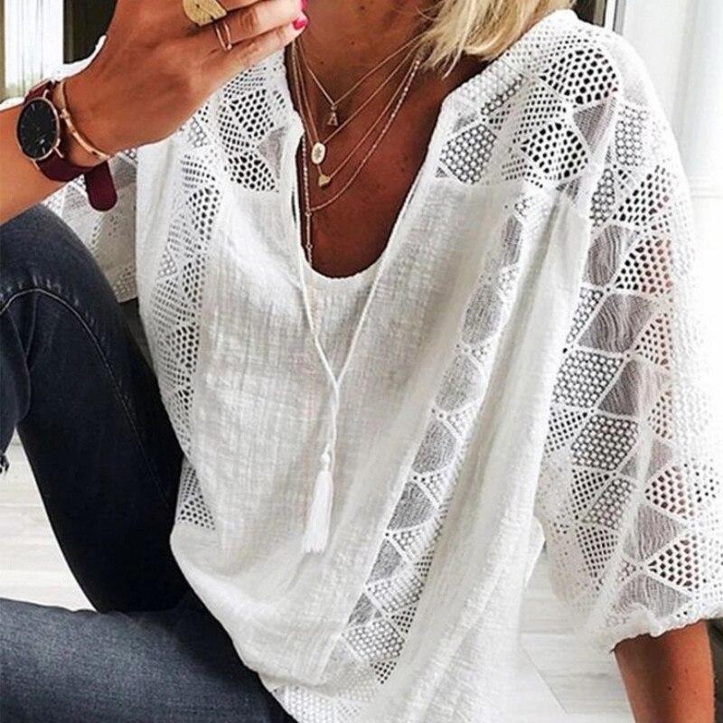 Frauen Tops Sommer Mode Weiße Shirts Weibliche U-ausschnitt Hülse Mit Drei Vierteln Baumwolle Hemd Beiläufige Lose Spitze Nähte Bluse Kleidung 24294 2XL weiß