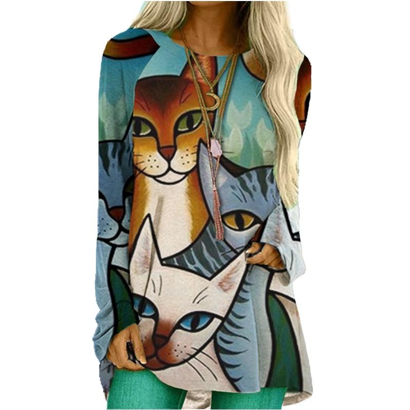 Herbst Frauen Cartoon Katzen Drucken Langarm Baumwolle T-shirt Casual Oansatz Lose T-shirts Weibliche Streetwear Tops 6XL 4XL weiß