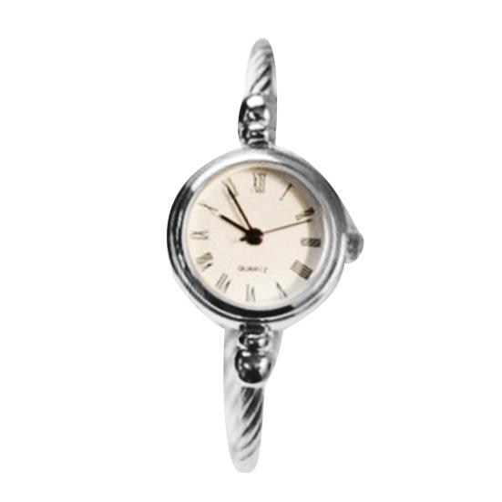 Damen-Armbanduhr im Retro-Stil, Edelstahlarmband, rundes Zifferblatt, Quarz-Armbanduhr weiß/silber