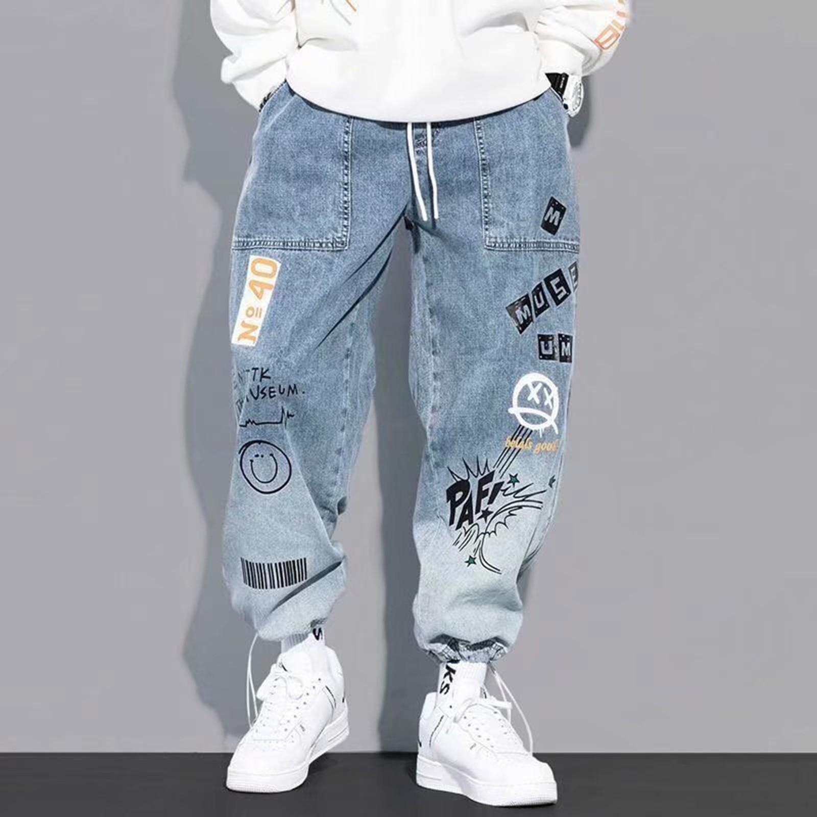 Jeans mit Buchstabenaufdruck Herrenmode Locker Cartoon Korsett I Kordelzughose XXXXL himmelblaue