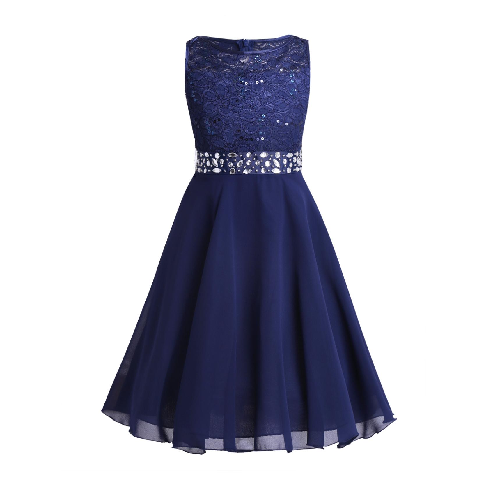 Kinder Mädchen glitzernde Pailletten Spitze Blumenmädchen Brautjungfer Hochzeit Party Kleider ärmellos Chiffon Prinzessin Festzug Ballkleid 5-6 Years navy blau