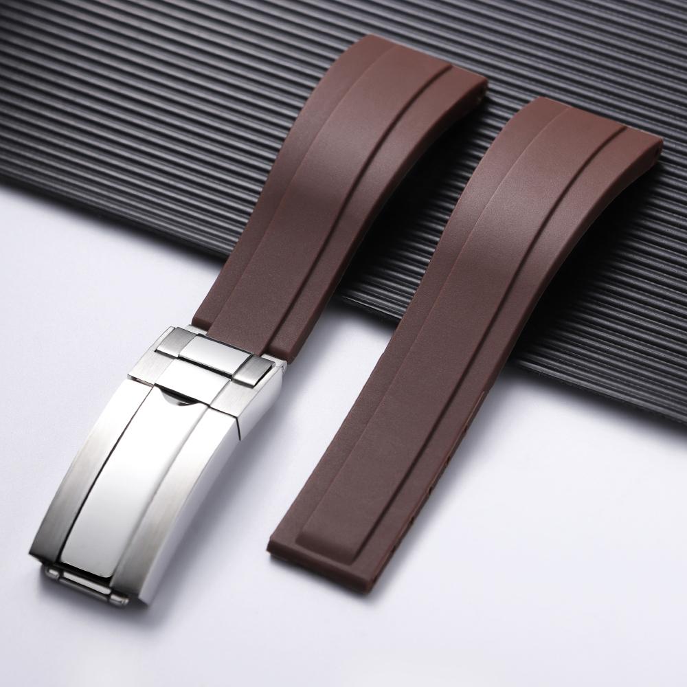 Für Rolex Silikon Uhrenzubehör für GMT Submariner Grün Schwarz Uhrenarmband Flache Schnittstelle Armband 20mm Faltschließe 20mm&Silver Gold Buckle braun