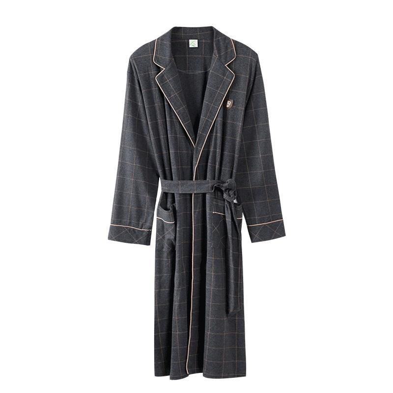 Frühlings- und Herbstbademantel Herren 100% Baumwolle Schlafshirt Kimono Bademantel Herren Kariert Lang Bademantel Brautrobe Morgenmantel L