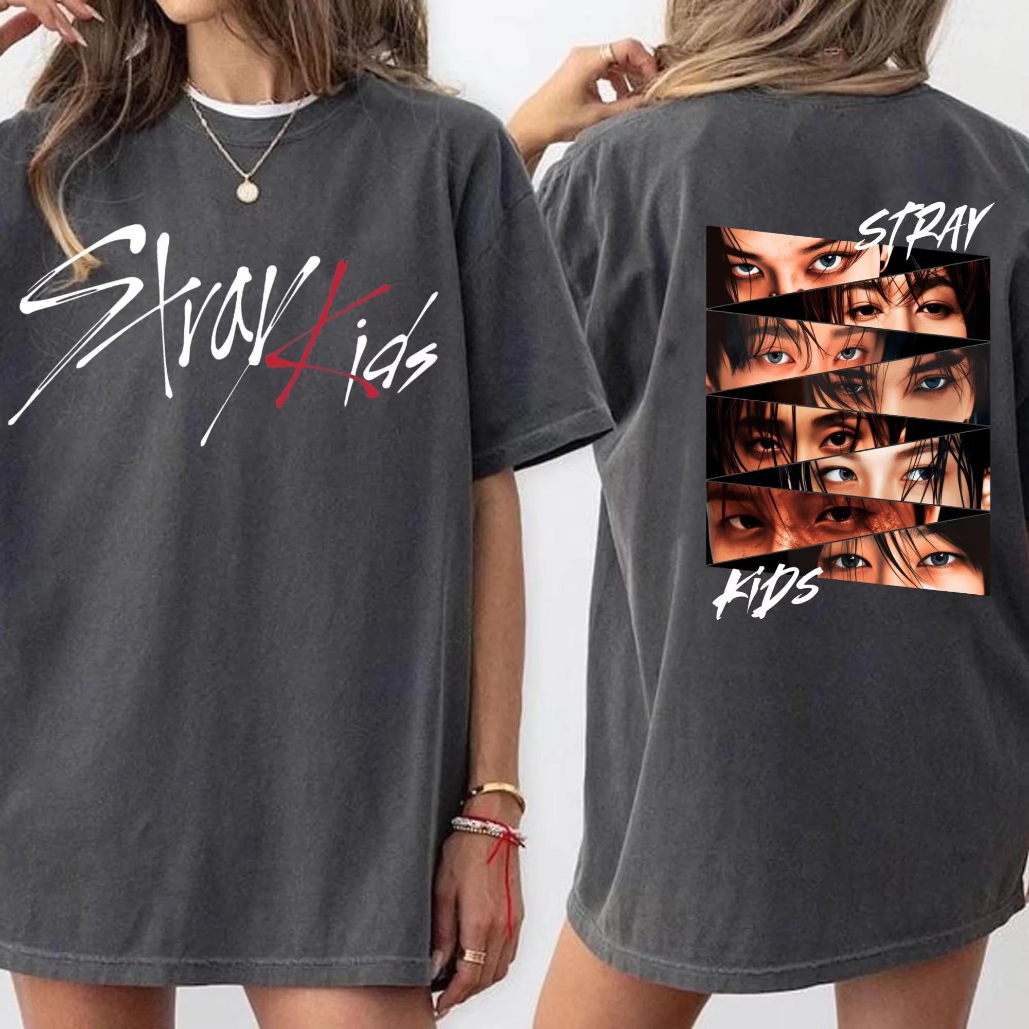 KPop Stray Kids Augen Collage T-Shirt Herren Damen Sommer Baumwolle Kleidung Vintage Hip Hop Hohe Qualität Kurzarm Streetwear Kleidung XXXL black