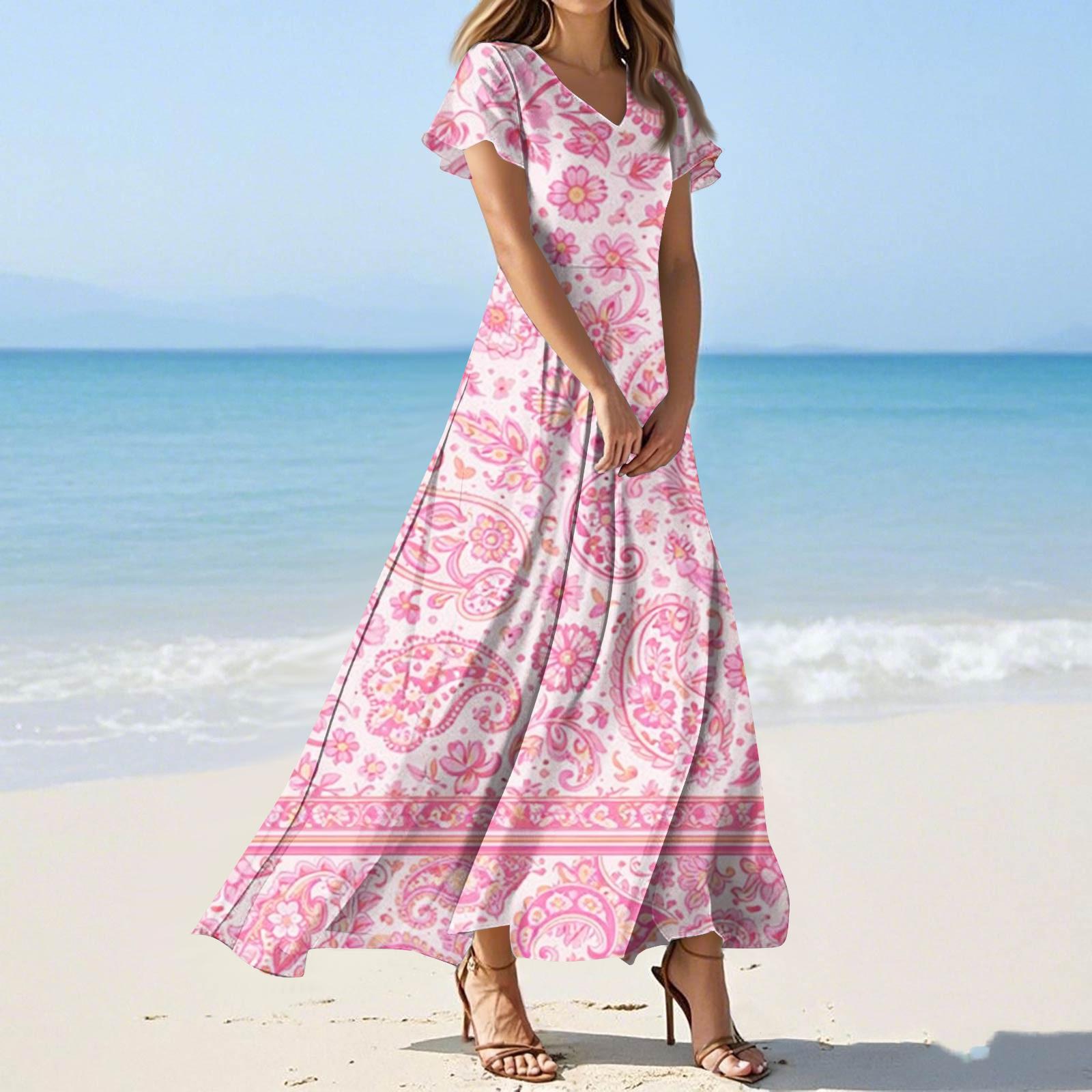 Damen Sommer Casual Fashion Print Farbe Kleider V-Ausschnitt Kurzarm Kleider M rosa