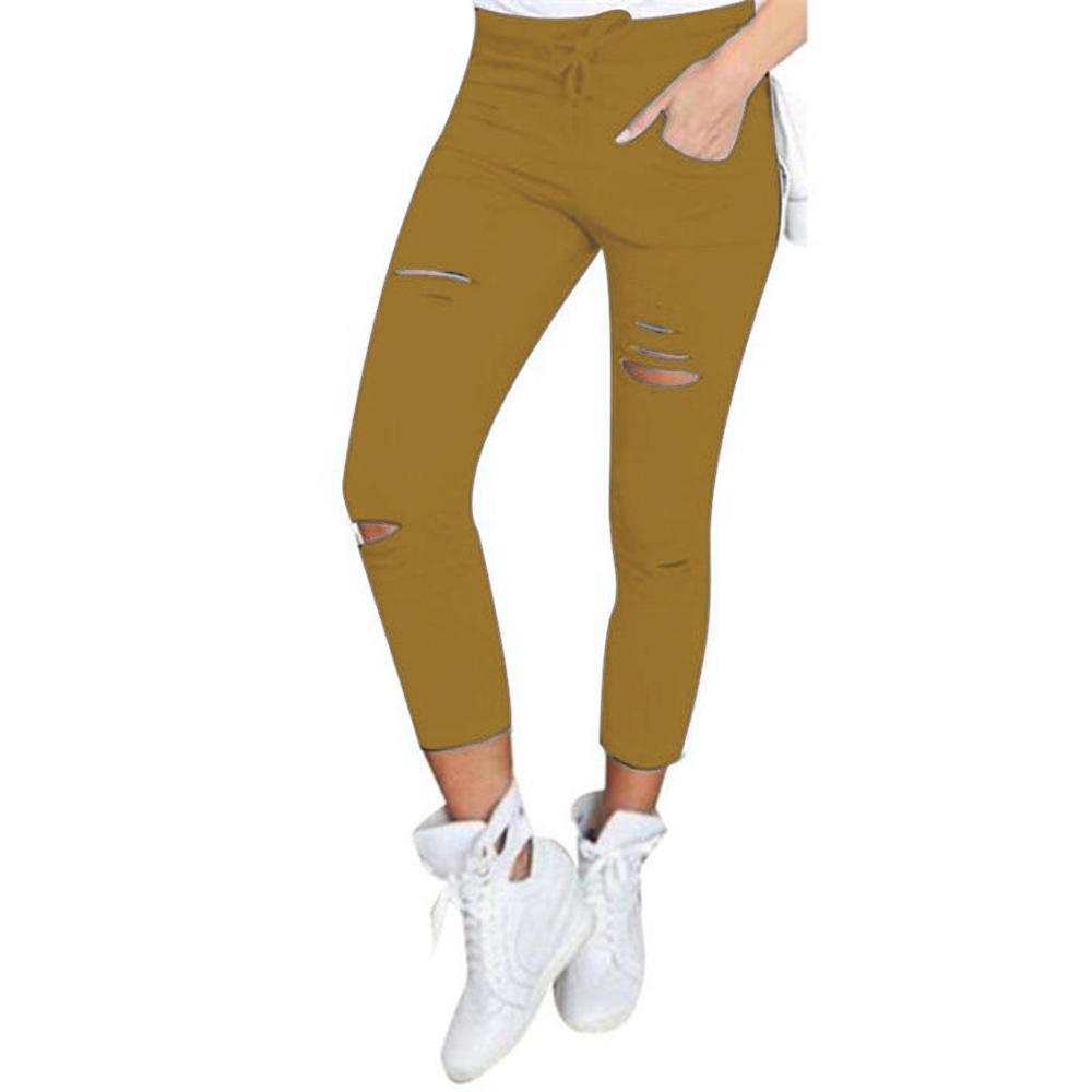 Cargo-Hosen für Damen, modisch, schlank, hohe Taille, dehnbar, dünn, gebrochenes Loch, Bleistifthose, einfarbig, Streetwear-Hose XXXL khaki