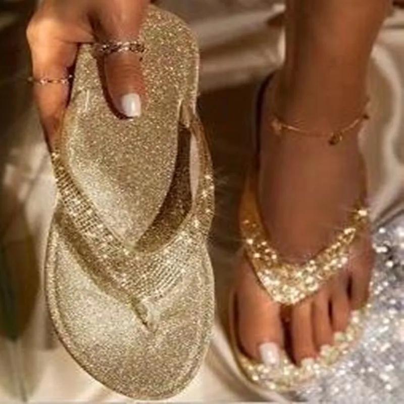 Übergröße Schuhe Damen Zehensandalen Damen Hausschuhe Outdoor Strand-Slipper Damen Kristall Runde Zehenpartie Niedriger Flacher Absatz Schuhe Damen 40 gold