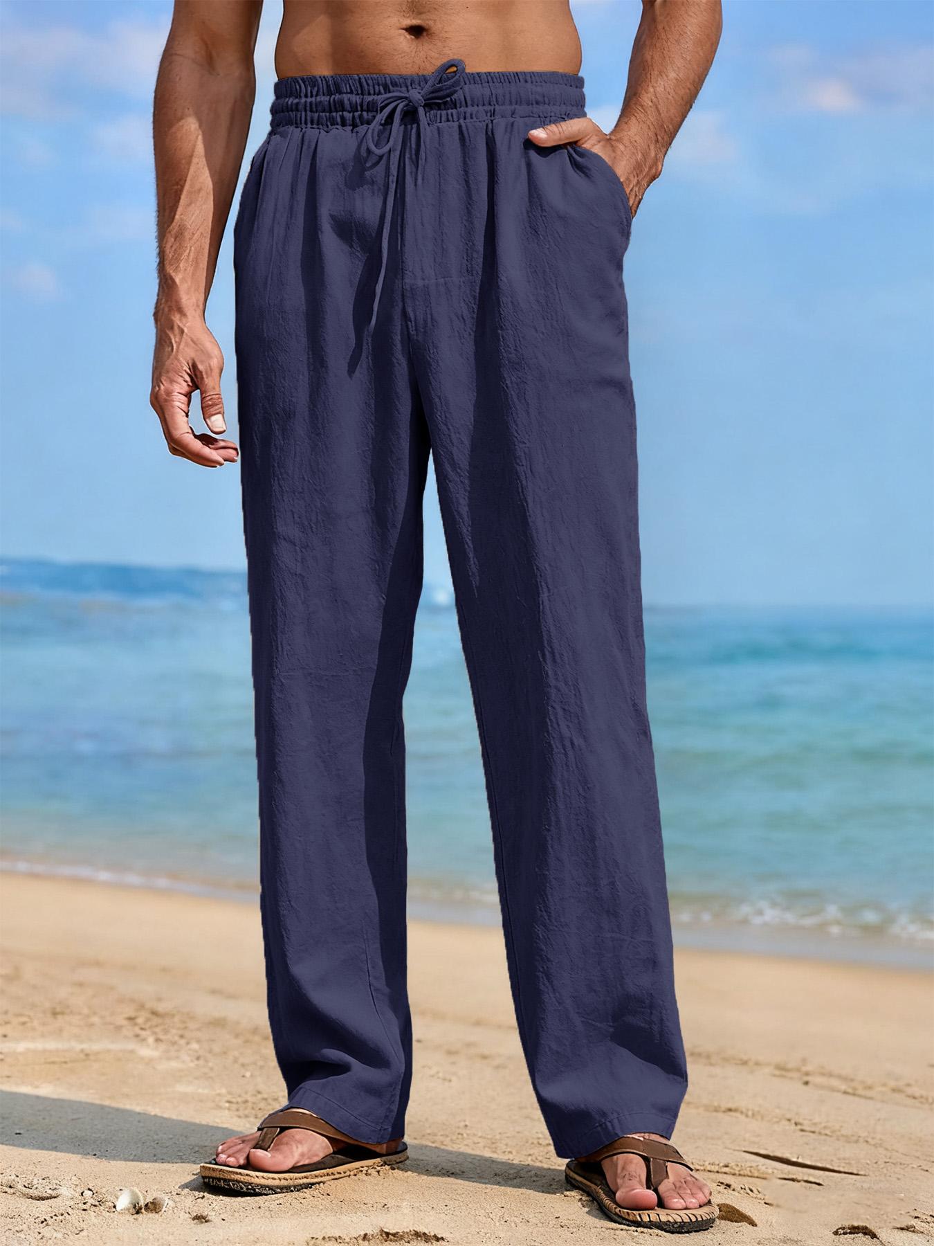Sommer Herren Leinenmischung Gerade geschnittene Hose Strand Leicht Atmungsaktiv Lässige Hose mit Elastischem Bund Kordelzug für Ganztägigen Komfort S dunkelblaue