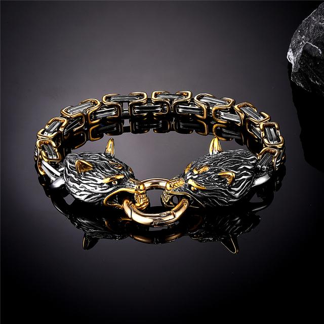 Nordische Wikinger-Armbänder mit keltischem Wolfskopf, Herren-Armreif aus Edelstahl mit Oding-Wolf, Amulett, verblasst nie, goldene Königskette, Rock-Schmuck 19cm