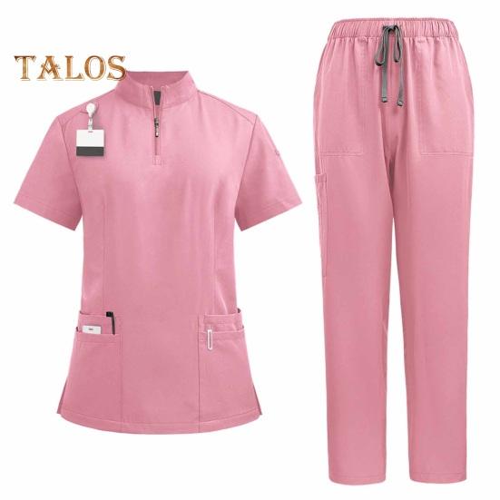 2-teiliges Krankenschwester-Uniform-Set für Krankenschwester, Arzt, Krankenhauspersonal, Jogginganzug mit Oberteil und Hose mit mehreren Taschen, dehnbare, bequeme Arbeitskleidung für medizinische Zwecke S rosa