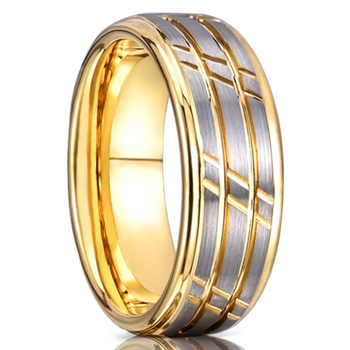 Wolframcarbid Ring Herren Damen 8mm Fähig Goldfarben Geriffelt Eheringe für Paare Dating Jahrestag Bequeme Passform 7