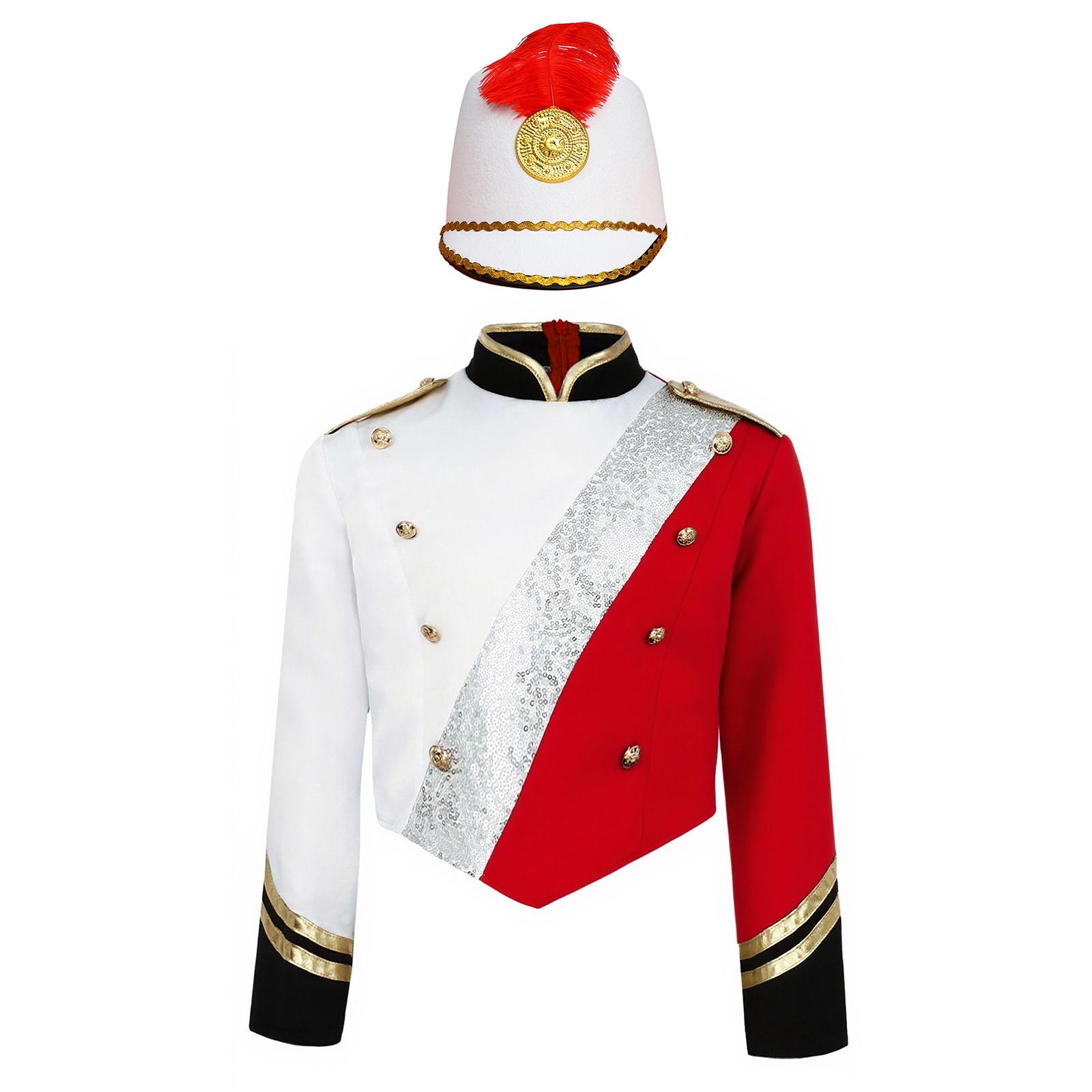 Jungen Marching Band Uniform Stehkragen Langarm Pailletten Patchwork Colorblock Design Epauletten Knöpfe Hut Set 15-16 Years rot/weiß