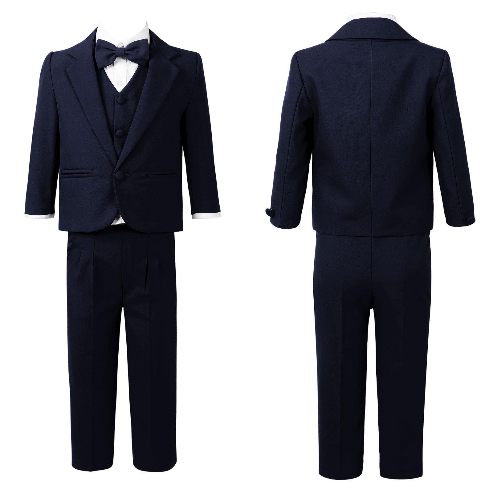 5-teiliges Set für Kinder, Jungen, Revers-Blazer, Knopfleiste, Weste und Hemd mit Fliege, Hose, Gentleman-Anzug, formelle Party-Kostüme 9-12 Months navy blau