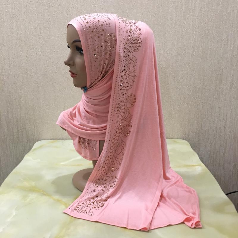 H099 hochwertiger weicher Jersey-Schal mit Steinen zum Überziehen Modal-Kopfschal Damen-Hijab islamischer Damen-Schal Kopftuch rosa