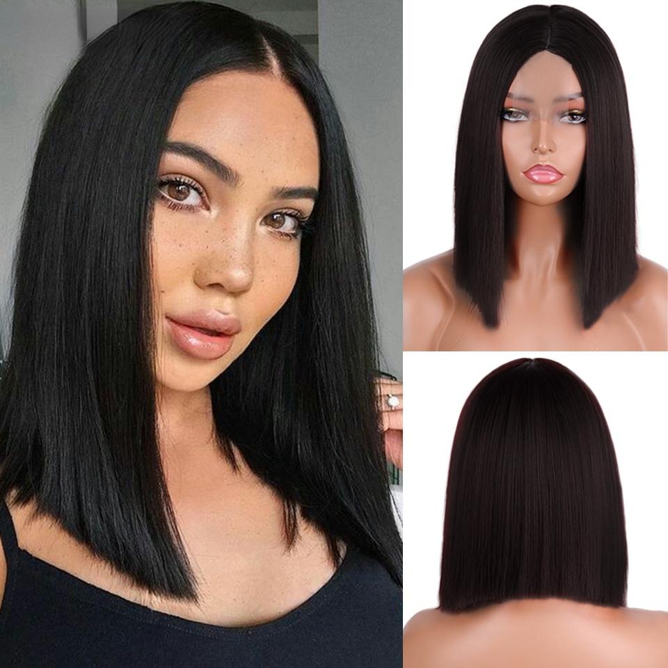 MISS WIG Synthetische Perücke, langes glattes Haar, schwarze Perücke, natürliche gerade Perücke für Damen ohne Pony, synthetische lange schwarze Perücken 14inches