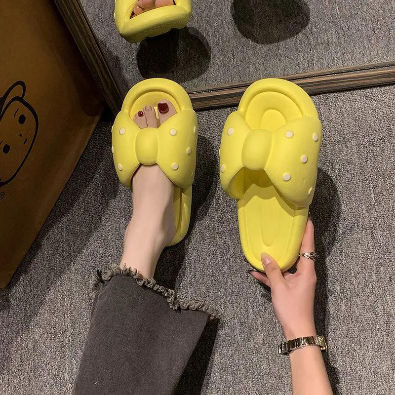 WTEMPO Hausschuhe mit Schleife für Damen mit flachem Absatz und dicker Sohle. Bequeme Hausschuhe für den Innenbereich, Badezimmer, Schlafsaal, rutschfeste weiche Sohle, mädchenhafte und süße Hausschuhe 40-41 gelb