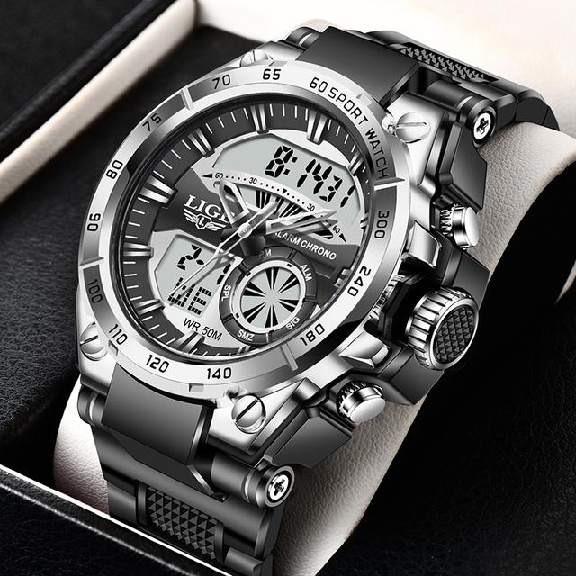 LIGE Herrenuhren Top-Marke Große Sportuhr Luxus Herren Militär Silikon Quarz Armbanduhren Mode Chronograph Männliche Uhr silber