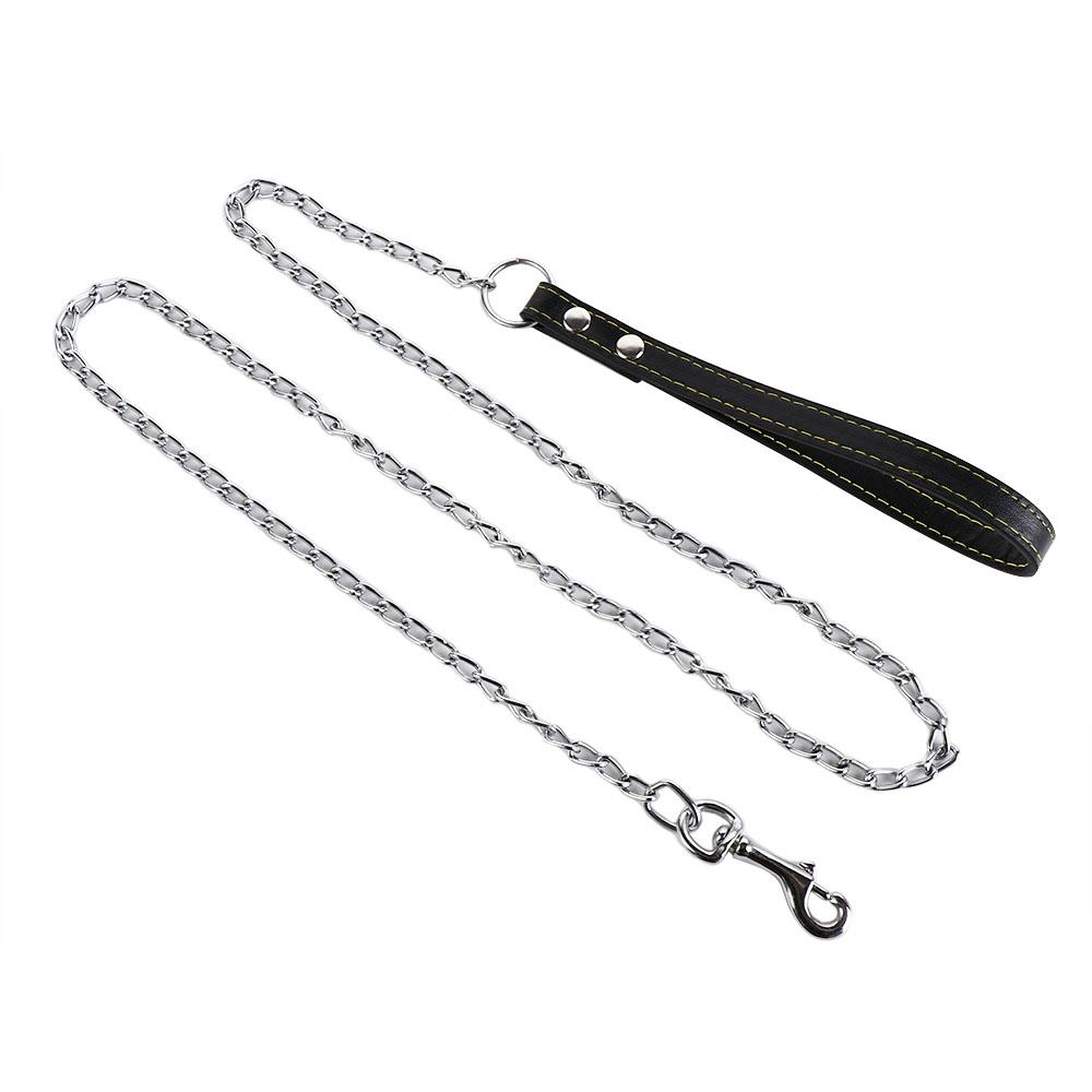 Robuste Metallkette Hundeleine Mit Ledergriff Lange Starke Kontrollleine Outdoor Haustier Zugseil Anti-Biss-Kette Zubehör schwarz