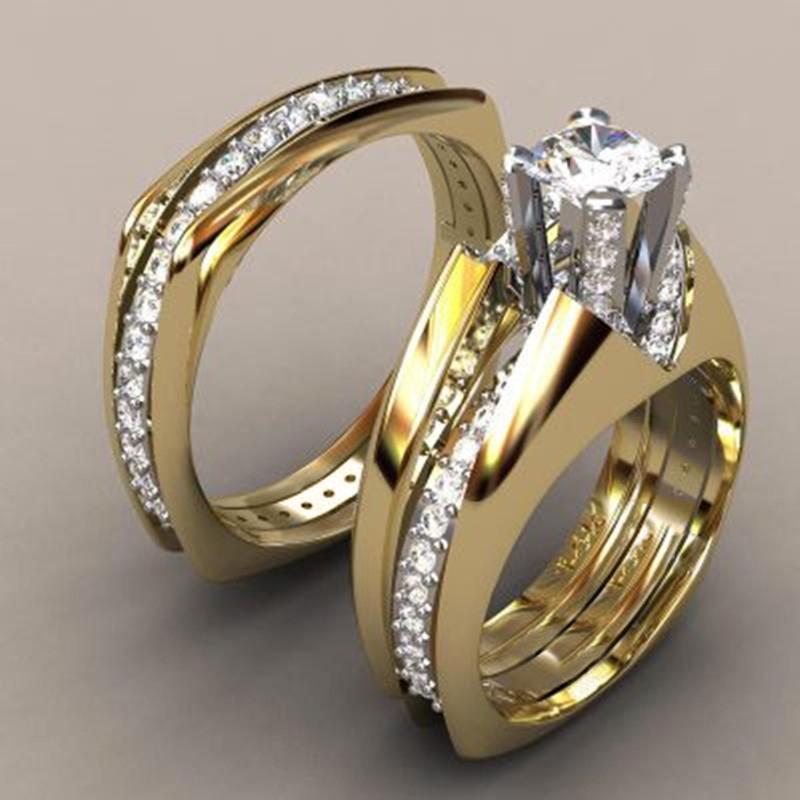 Huitan 2 Stück Brautset Ring Luxus Goldfarbe Geometrische Form Hochzeitsschmuck Damen Micro Pave CZ Dame Heiratsantrag Verlobungsringe 8 gray