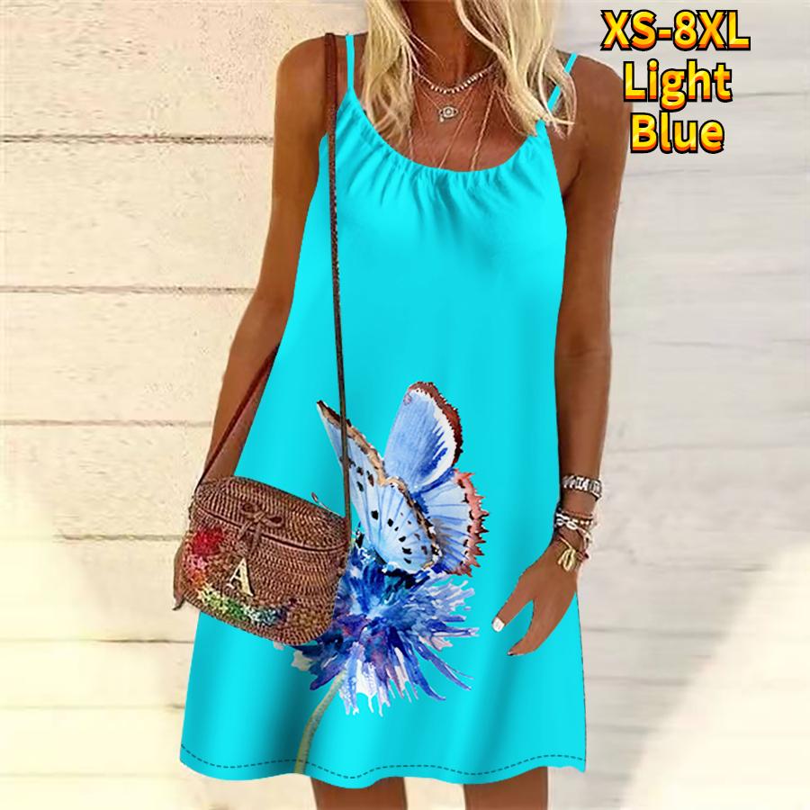 Frauen Blume Schmetterling Bestäubung Gedruckt Mini Kleid Ärmelloses Party Kleid Sommer Strand Kleid Sommerkleid M hellblaue