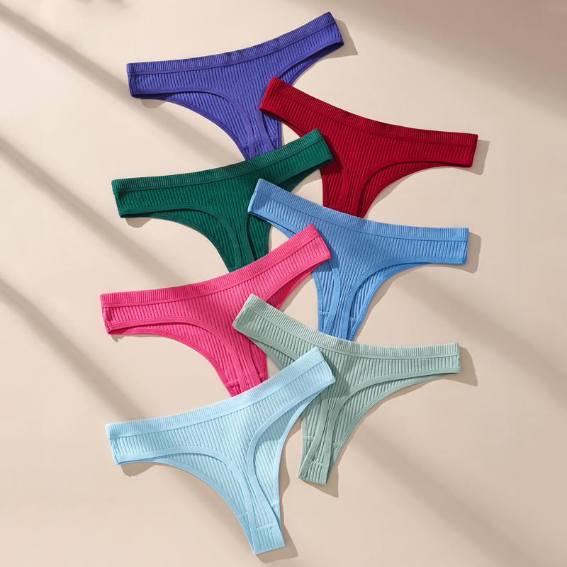 7 Stück Damen Strings Slips Baumwolle Gestreift Unterwäsche Sexy Unterhosen Einfarbiges Höschen Weiche G-Strings Damen Dessous Übergröße XS-XL XL&7Pcs bunt