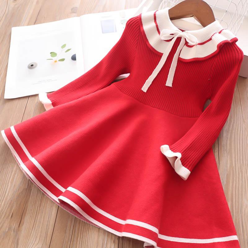 Herbstliche Kinderkleider für Mädchen, modisches Kostüm für kleine Mädchen, warmes Strickpulloverkleid, süße Schulkleidung 6T rot