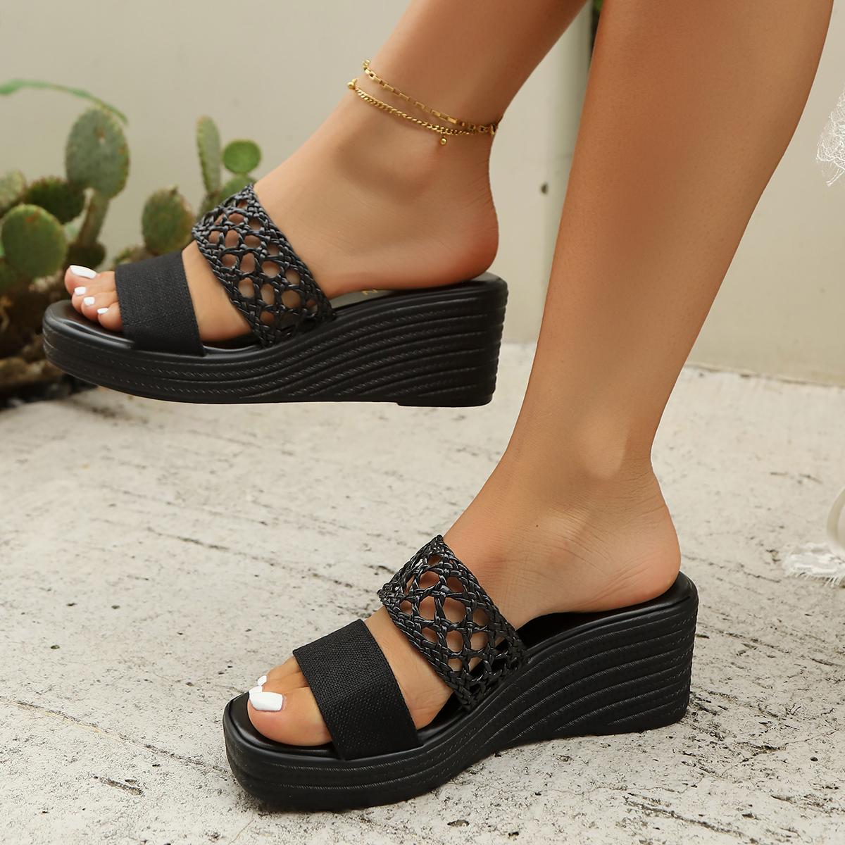 Mode Damen Keilpantoletten High Heels Schuhe Damen Peeptoe Plateau Sandalen Mode Dicke Sohle Sommer Pantoletten Outdoor Slides Damen 38 schwarz