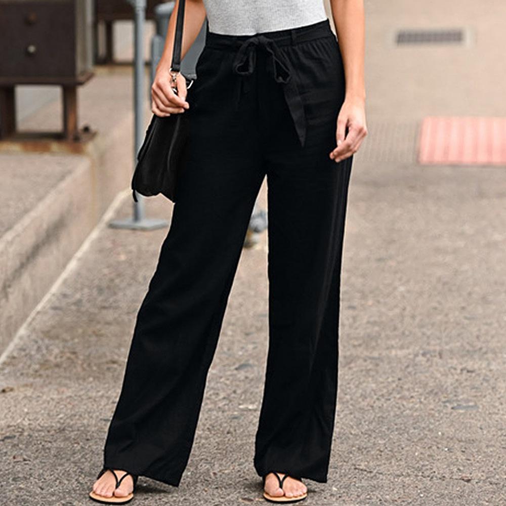 Frauen Feste Leinen Hosen Schnüren Elastische Taille Lose Breite Bein Hosen Sommer Casual Lange Hosen Plus Größe S-5XL 4XL schwarz